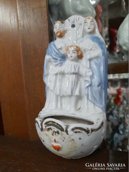 Old religious holy family, hand-painted porcelain holy water container. Marked. 15 Cm.