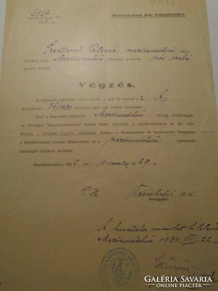 Za492.36 Order from the Chief Servant Judge of Mezőkovácsháza -1930 Péter Szedlacsek