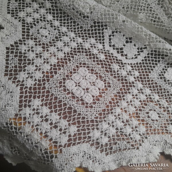 Antique needlework. Filet tablecloth snow white -50 x 50 -art&decoration