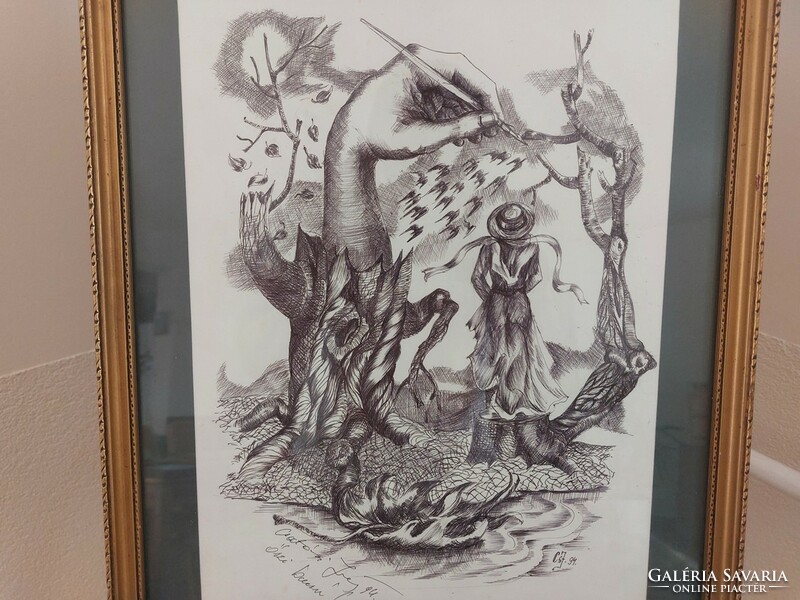(K) Csatári József remek grafikája 37x47 cm kerettel