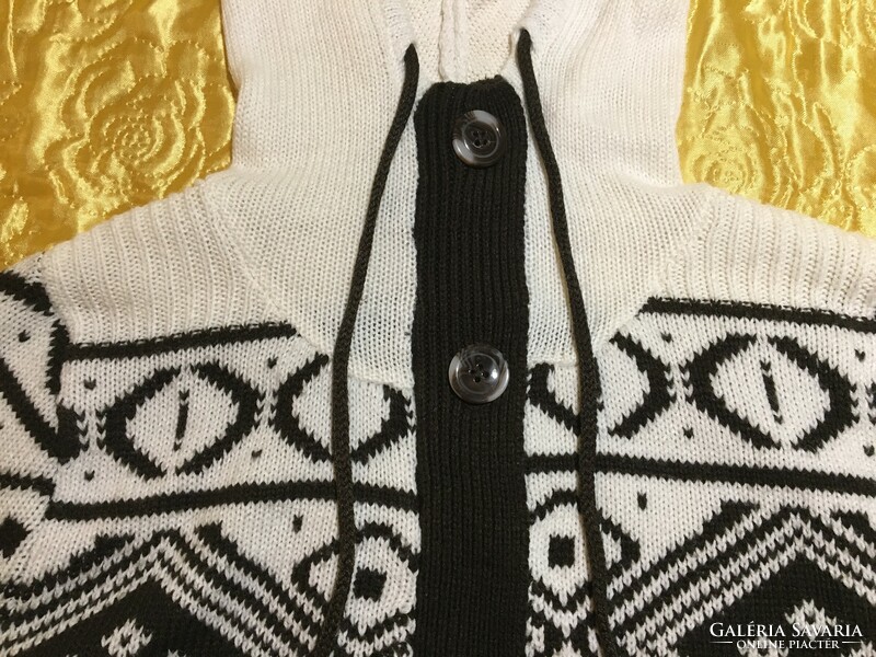 Okay kapucnis hosszú csinos női kardigán kötött pulóver tunika csokoládé és krém színű  40