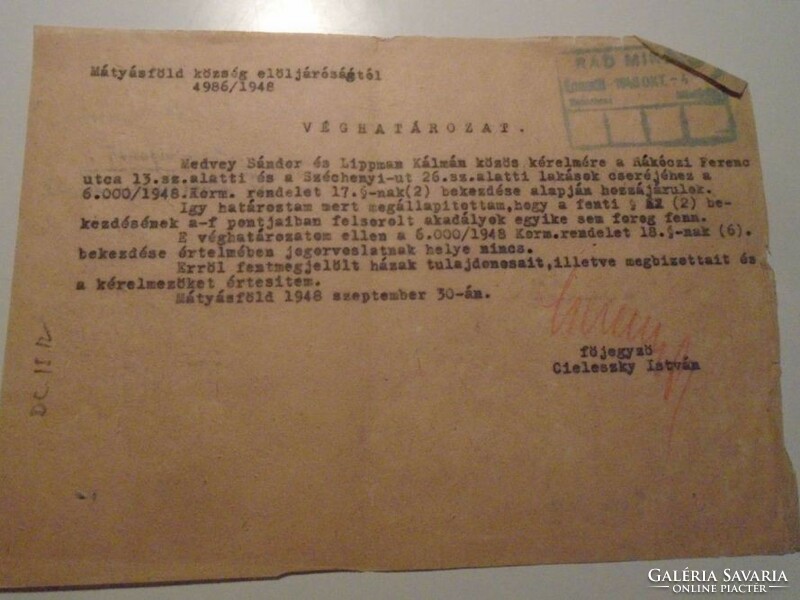 ZA492.33  Mátyásföld község elöljáróságától -Cieleszky István főjegyző 1948  - Medvey - Lippman
