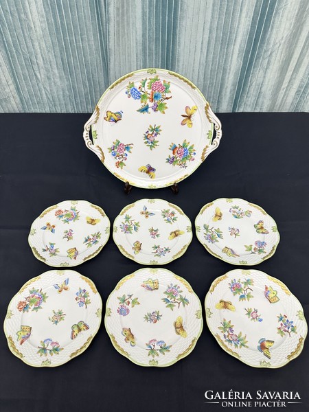 6 személyes Herendi nagyméretű  Viktória mintás süteményes készlet (7db) jubileumi pecséttel.