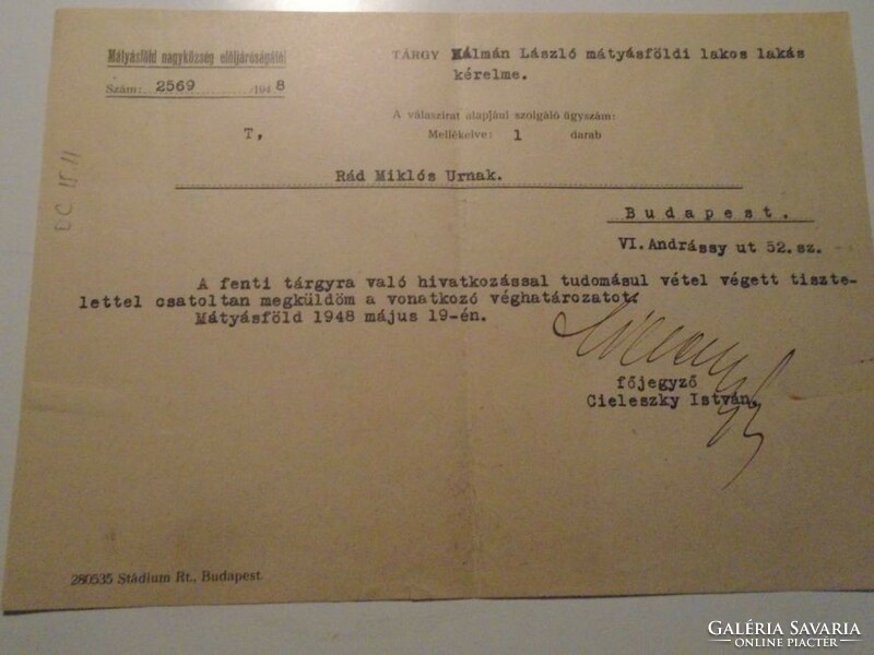 ZA492.35  Mátyásföld község elöljáróságától -Cieleszky István főjegyző 1948  - Rád Miklós úrnak
