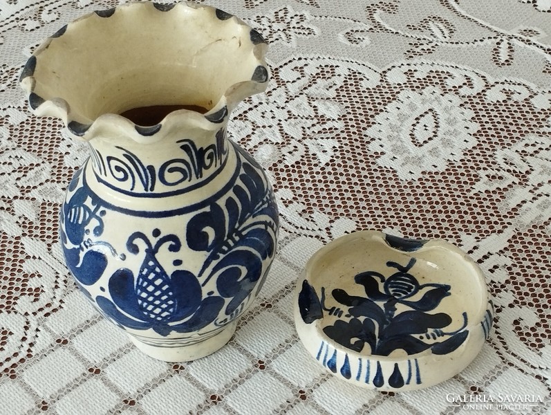 Korondi blue folk ceramic vase and ashtray with flower pattern