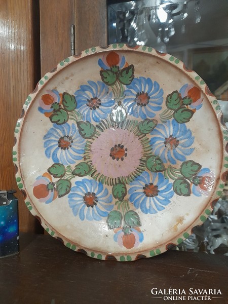 Old folk hand-painted flower pattern glazed ceramic plate, bowl. 25 Cm.