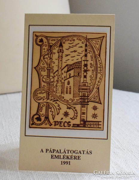 Pécs, in memory of the papal visit in 1991, laser-engraved wooden plate image new 17.2 x 10.2 cm