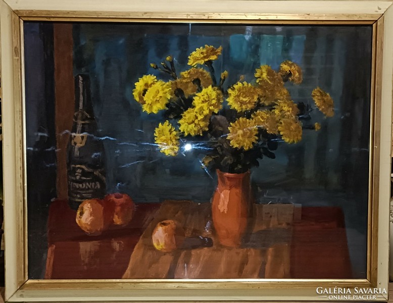 It starts from HUF 1! Ferenc Schey, table still life, Pannonia with champagne! Gallery with company label!