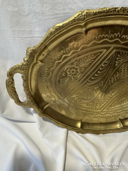 Old copper engraved tray with large handles