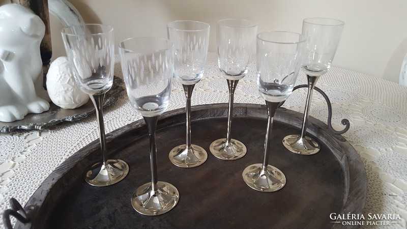 6 old polished glass glasses with a long metal stem.