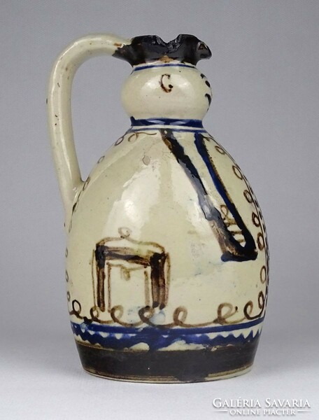 1Q527 old painted earthenware jug with handle butella miska jug 16 cm