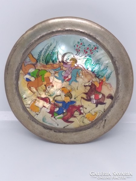 Old box with an oriental, Persian scene, powder box with many figures and scenes hand-painted on mother-of-pearl
