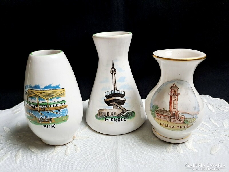 3 Pcs Bodrogkeresztúr and Ksz ceramic vases bük, Miskolc, Misina roof view and inscription
