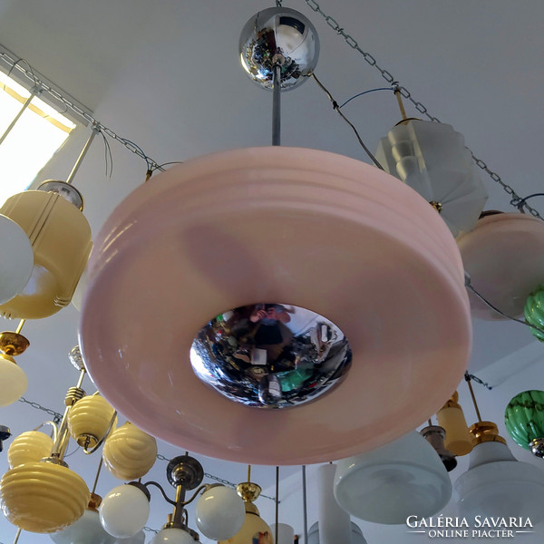 Art deco - streamlined 3-burner chandelier renovated - pink shade