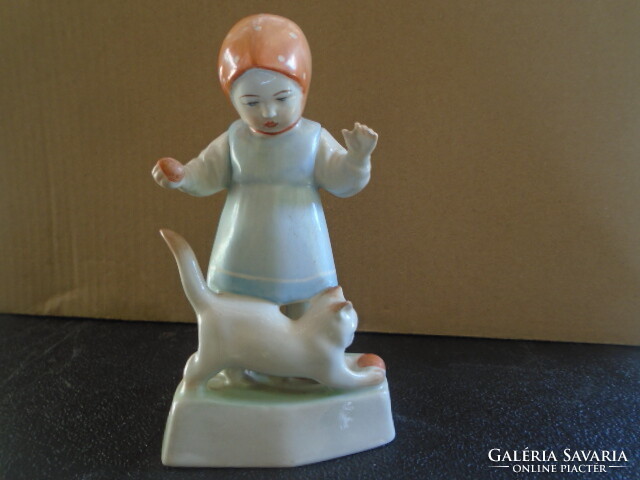 Old Zsolnay porcelain little girl with a ball-playing kitten, designed by András Sinkó, rarer colors 14.5 cm