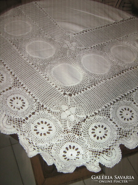 Beautiful antique hand-crocheted floral filigree tablecloth with Art Nouveau features