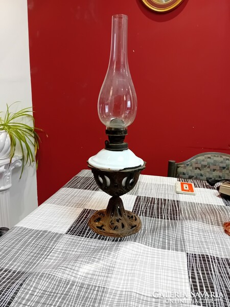 Art Nouveau table kerosene lamp, cast iron base, milk glass container