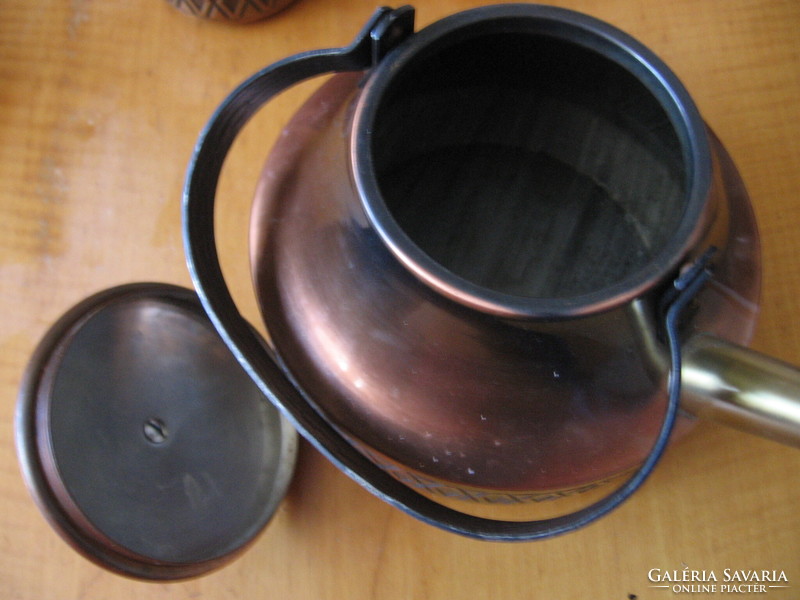 Retro jénai üveg teás, kávés, forralt boros készlet kannával, 6 pohár réz tartóban