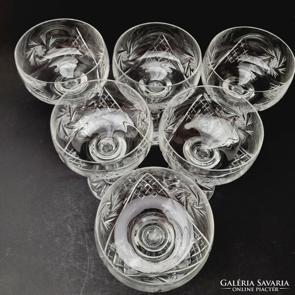 Set of polished crystal stemmed champagne or liqueur glasses, 6 pieces in one