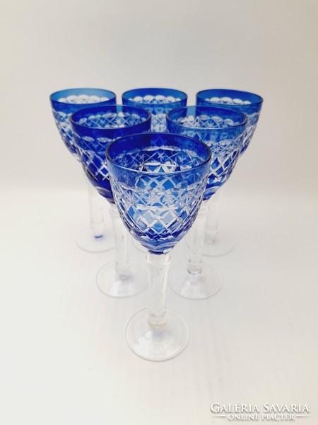 Csiszolt kék üveg rövid italos pohár készlet, 6 db egyben
