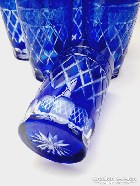 Csiszolt kék nagyméretű üveg pohár készlet, 4,5 dl, 6 db egyben