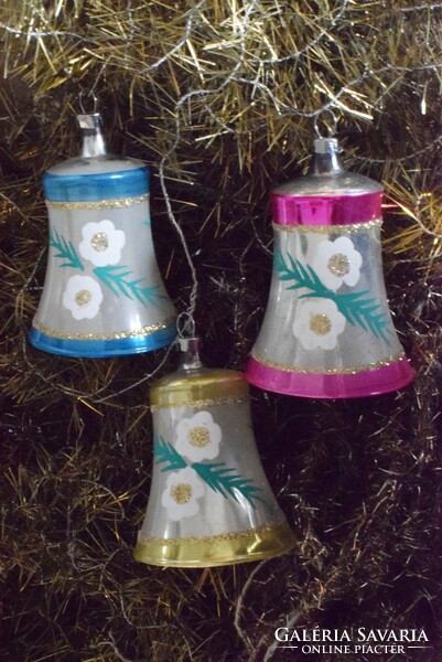 3 darab Régi Üveg harang karácsonyfadísz 5,8 x 7,5 cm  - festett , glitter