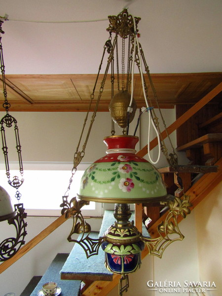 Art Nouveau majolica chandelier with original painted shade