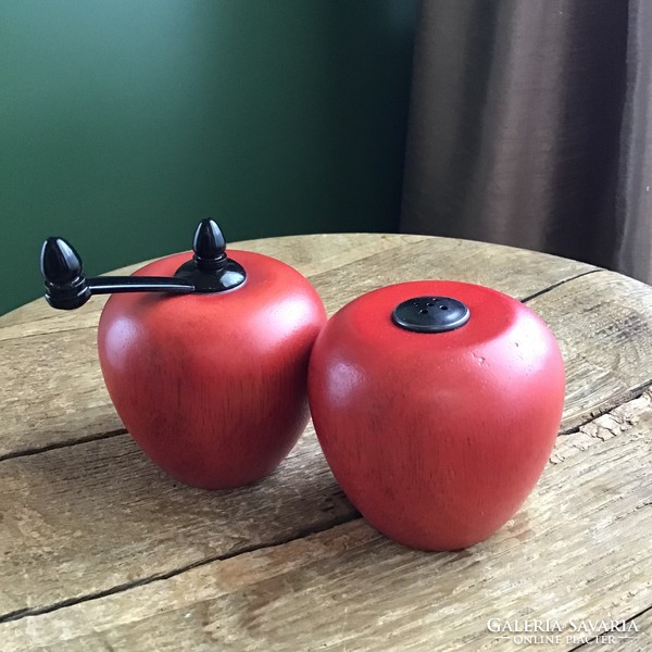 Old wooden apple-shaped pepper mill with salt shaker, in new condition