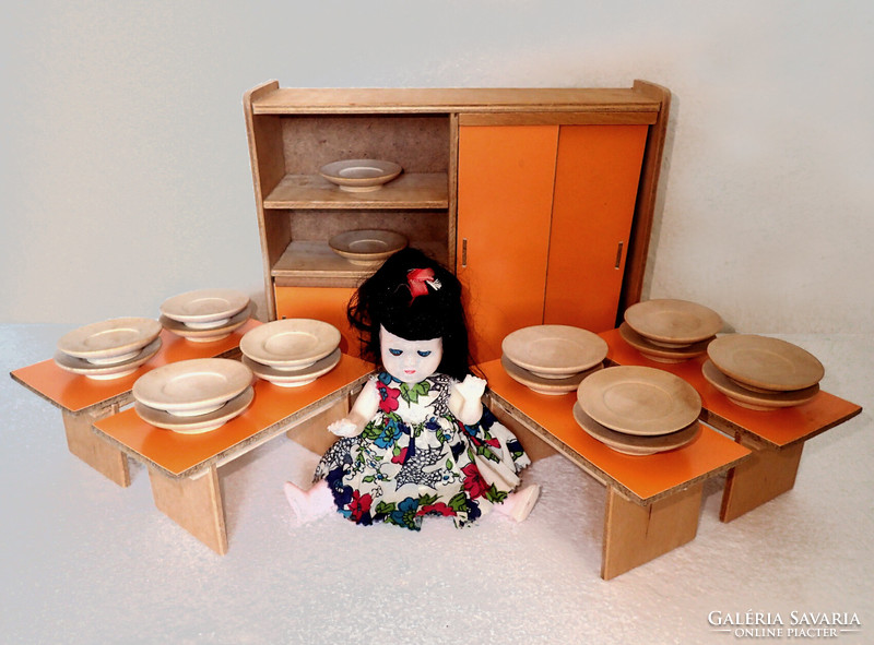 Retro wooden doll furniture toy furniture doll house item toy furniture kitchen cabinet table plate rubber doll