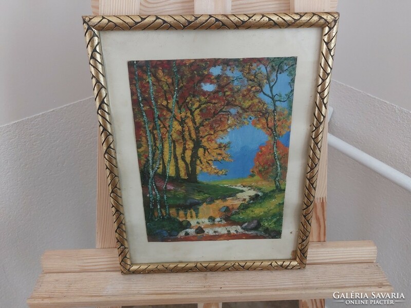 (K) erdei tájkép festmény patakkal  27x34 cm kerettel