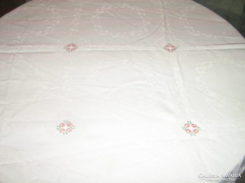 Beautiful butter-colored hand-embroidered damask tablecloth