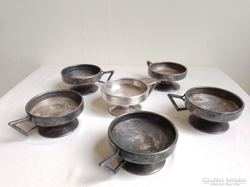 Antik régi art deco ezüstözött alpakka fagylaltos desszert kehely készlet 6 db monogramos manófüles