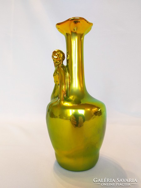 Zsolnay golden eosine, girl sitting on a vase