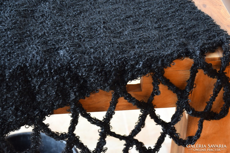 Antique old folk thick bouclé shawl shoulder scarf folk costume wear thick black 175 plus fringe