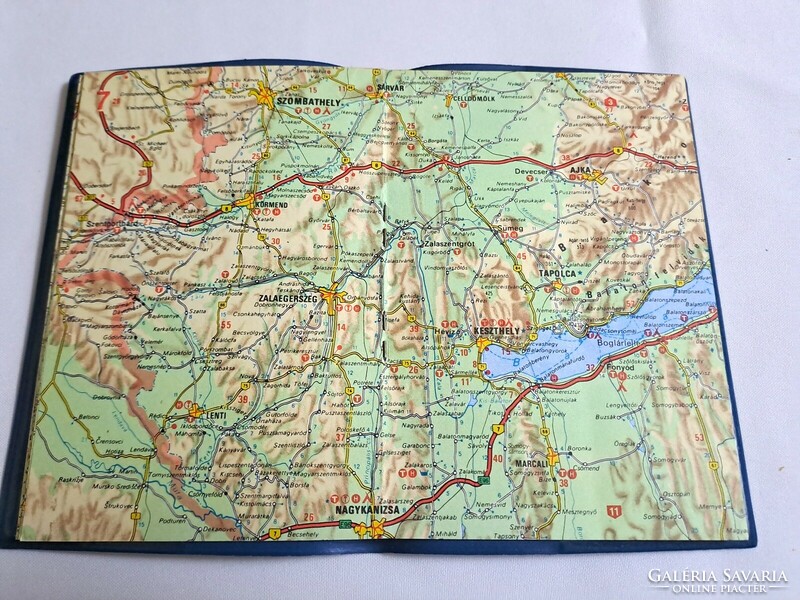 Car map of Hungary in artificial leather holder 1983 15 x 11 cm