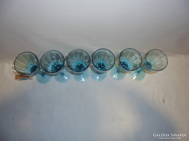 Six blue, twisted-stem glass stemmed glasses - together