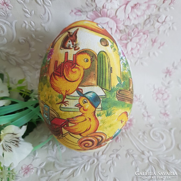 Új, húsvéti, nyuszi és csibe mintás, tojás alakú papírmasé ajándékdoboz, tartó