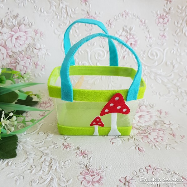 New, mushroom decorated Easter mini basket, holder, spring decoration