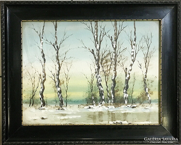 Vízparti fák télen,tempera festmény keret árban