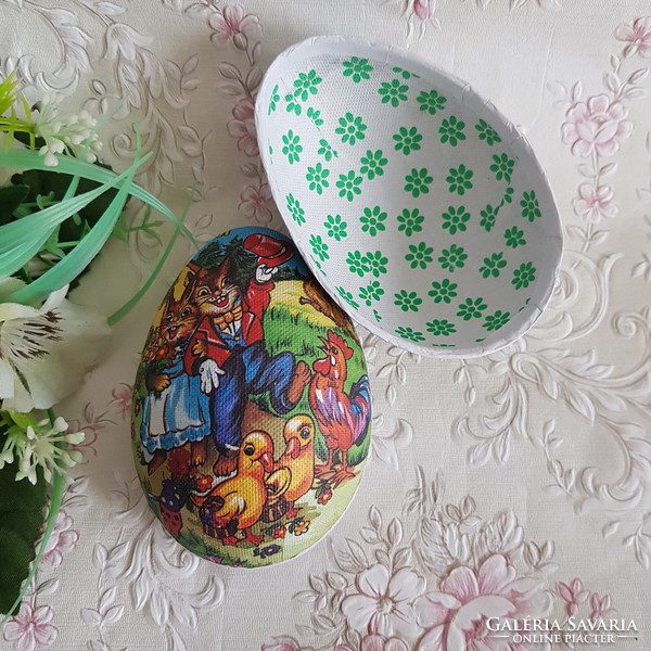 Új, húsvéti, nyuszi mintás, tojás alakú papírmasé ajándékdoboz, tartó