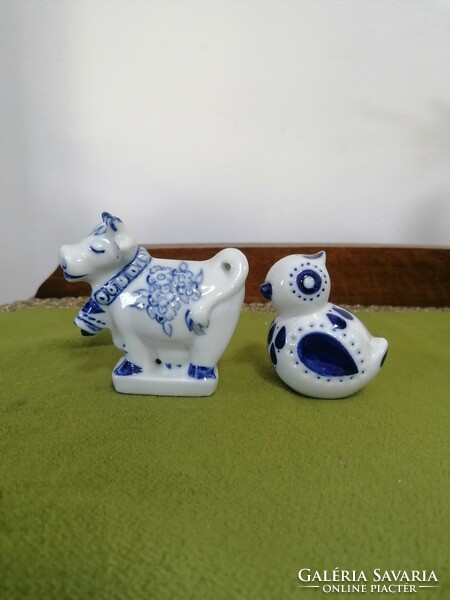 Zsolnay cow and Hólloháza chick retro porcelain with blue pattern