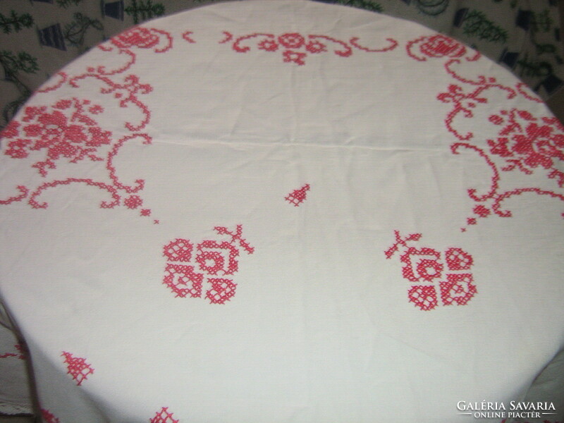 Beautiful antique hand-embroidered cross-stitch baroque rose pattern woven linen tablecloth with lace edge