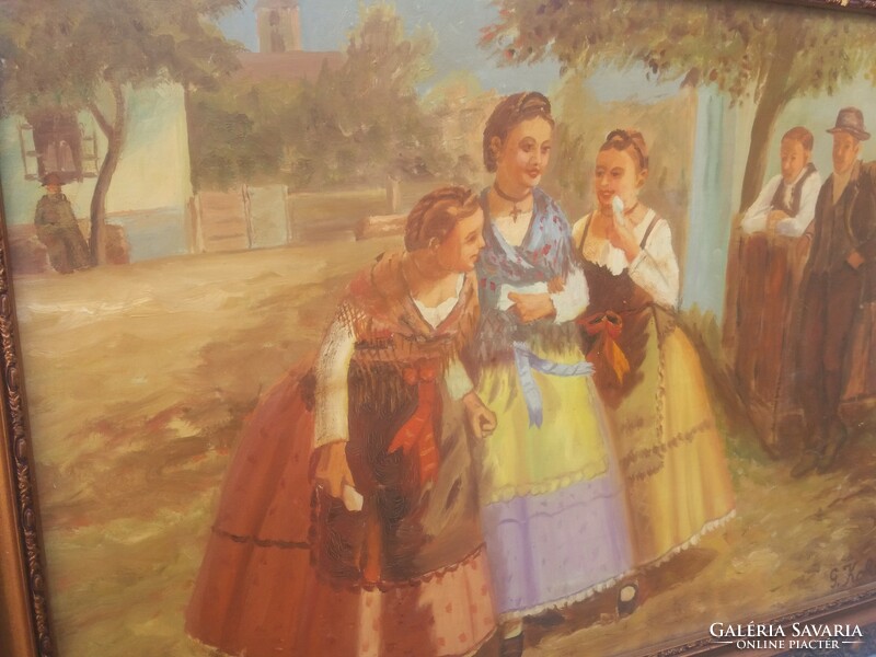 Antik gyönyörű olaj / vegyes tech. karton festmény G. Kohl szignóval keretben Lányok eladó sorban