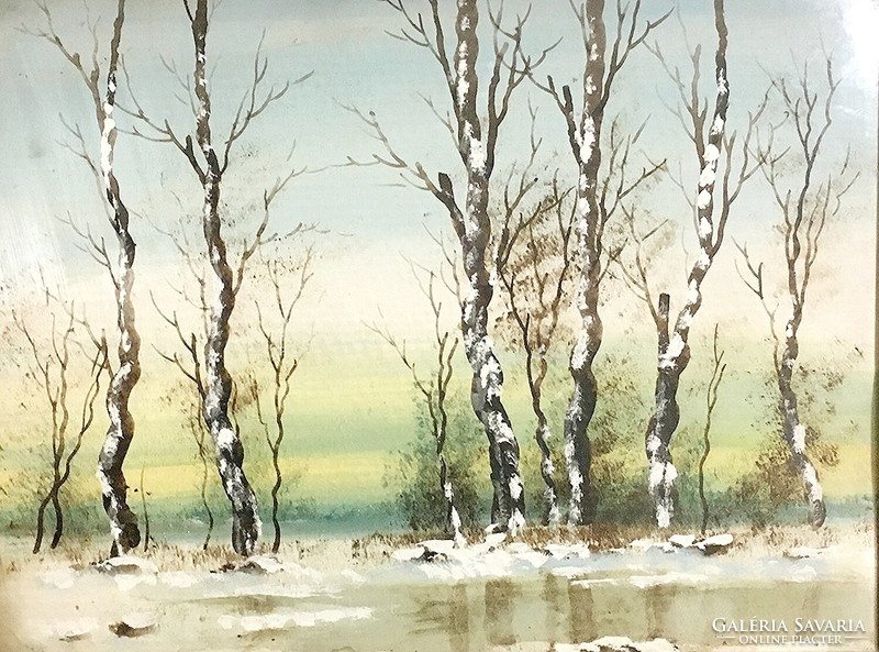 Waterside trees in winter, tempera painting frame price