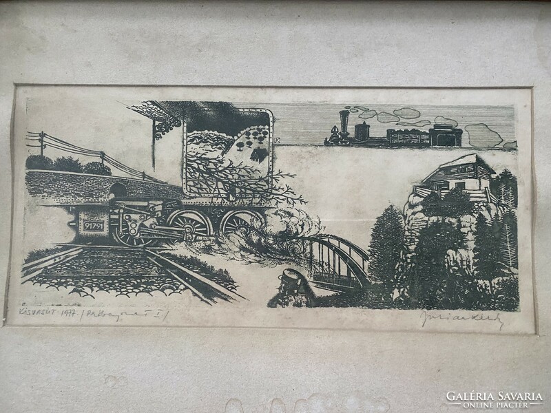 Difficult to read sign: small railway 1977. (Etching)