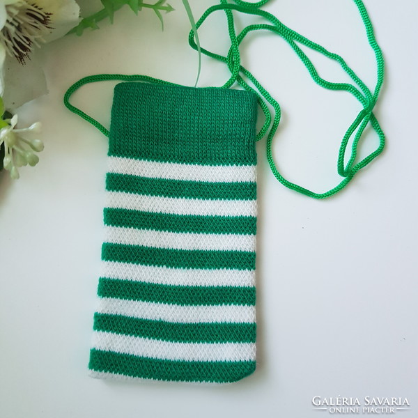 New, green and white striped, retro textile phone case with a cord that can be hung around the neck