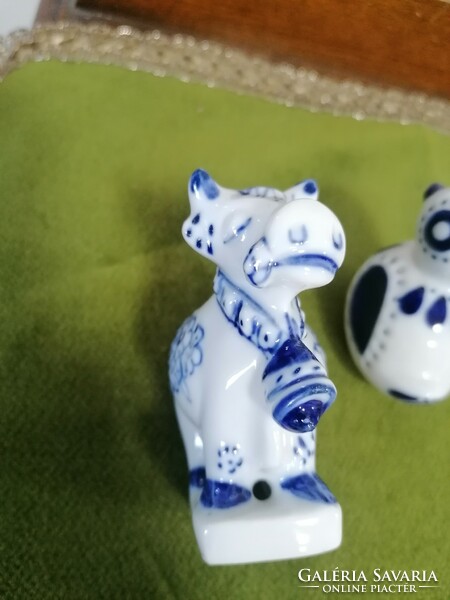 Zsolnay cow and Hólloháza chick retro porcelain with blue pattern