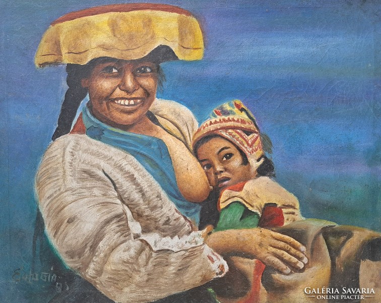 Motherhood - colored woman with child (oil, canvas) signed - eulogia mark