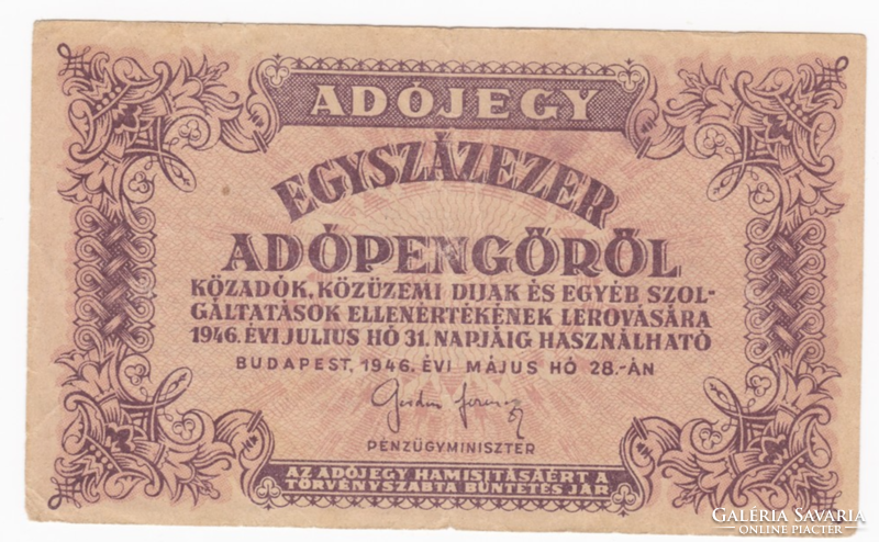 Adójegy Egyszázezer Adópengőről 1946-ból