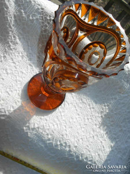 Régi borostyán színű üveg váza-vastag-súlyos csiszolt üveg